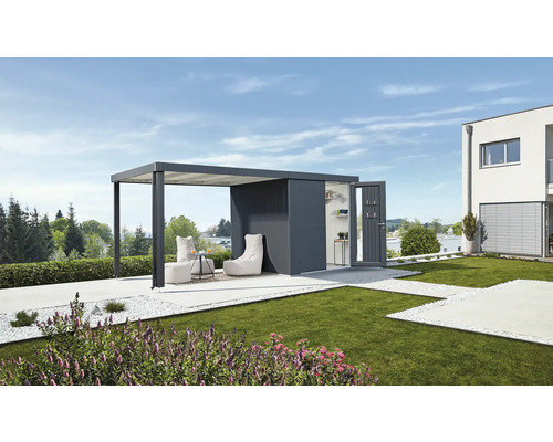 Scène avec une maison de jardin moderne avec pergola, mobilier de jardin et jardin verdoyant