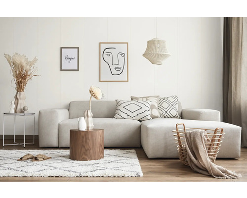 Wohnzimmer mit Sofa, Teppich, Couchtisch und Dekorationsartikeln für eine gemütliche Atmosphäre