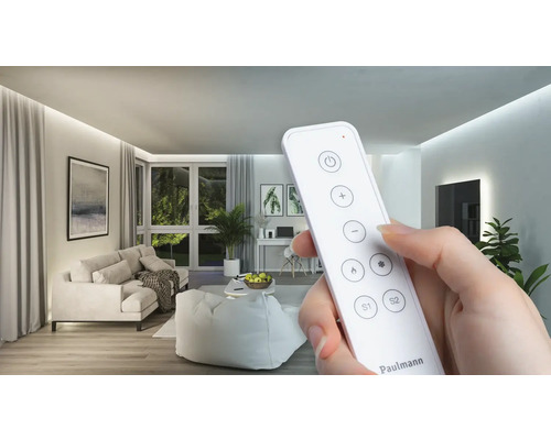 Fernbedienung zur Steuerung der Raumbeleuchtung in einem Wohnzimmer.