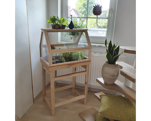 Ein Zimmergewächshaus aus Holz mit Pflanzen auf einem Ständer im Innenbereich.