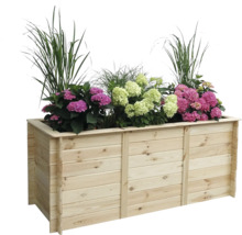 Holzpflanzkasten mit Blumen und Ziergräsern