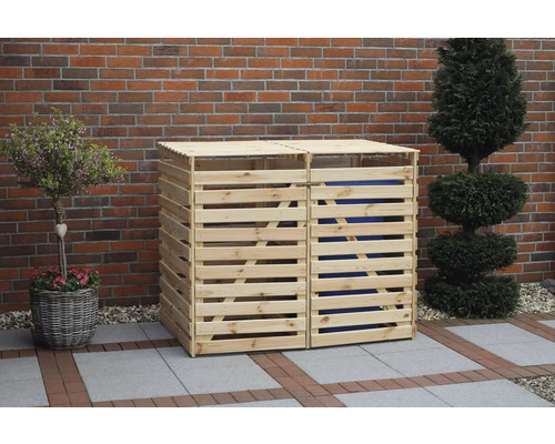 Cache-poubelle promadino Vario V pour 2 poubelles 148 x 92 x 122 cm naturel Double coffre à ordures en bois dans le jardin