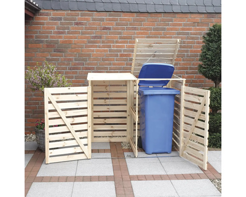Mülltonnenbox aus Holz mit geöffneten Türen und einer blauen Mülltonne