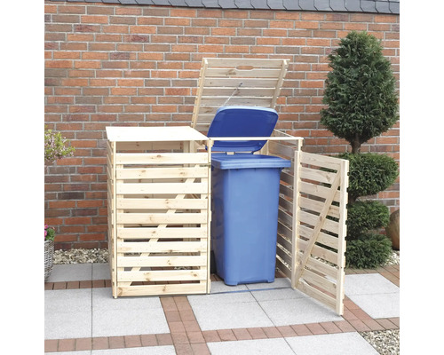 Mülltonnenbox aus Holz mit geöffnetem Deckel und Tür