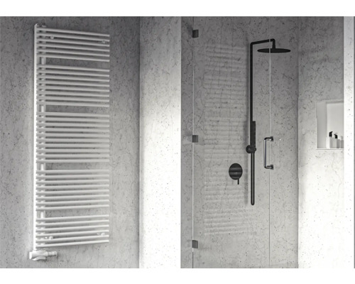 Badezimmer mit Handtuchwärmer und Dusche mit Duschkopf