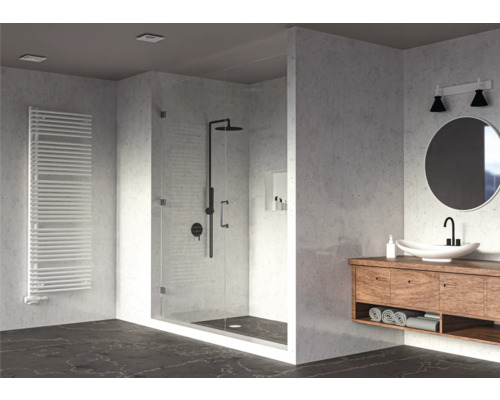 Modernes Badezimmer mit Dusche, Handtuchwärmer und Waschtisch