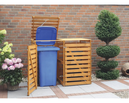 Cache-conteneur à ordures en bois avec porte ouverte et poubelle