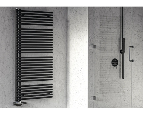 Radiateur design Rotheigner PIPE 1095 x 596 mm noir mat raccordement unilatéral en bas Salle de bains moderne avec sèche-serviettes noir et cabine de douche