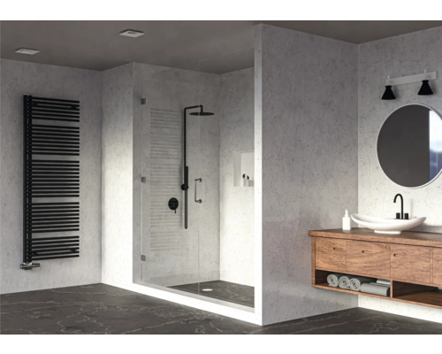 Modernes Badezimmer mit Dusche, Heizkörper und Waschtisch