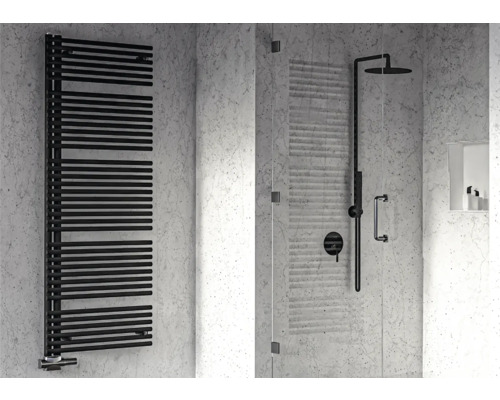 Radiateur design Rotheigner PIPE 1415 x 596 mm noir mat raccordement unilatéral en bas Salle de bain avec sèche-serviettes, cabine de douche et robinetterie