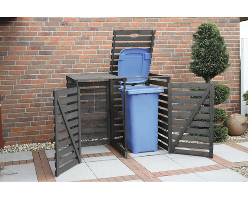 Cache-conteneur en bois avec porte ouverte et poubelle bleue
