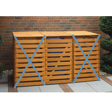 Trois coffres à poubelles en bois pour le stockage des poubelles dans le jardin.