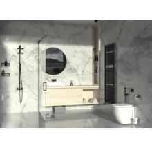 Modernes Badezimmer mit Dusche, Waschtisch, Spiegel, Heizkörper und Toilette vor Marmorwand