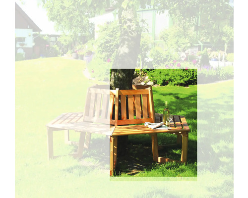 Scène de jardin avec banc d''arbre en bois