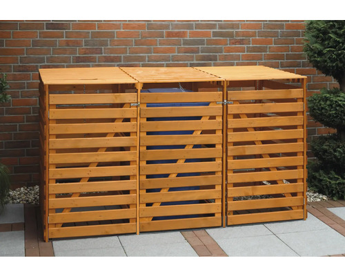 Cache-conteneur à déchets en bois pour trois poubelles