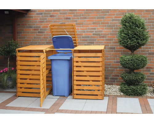 Cache-poubelle en bois pour trois conteneurs avec couvercle ouvert et porte ouverte