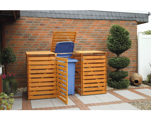 Cache-poubelle en bois pour trois poubelles dans le jardin