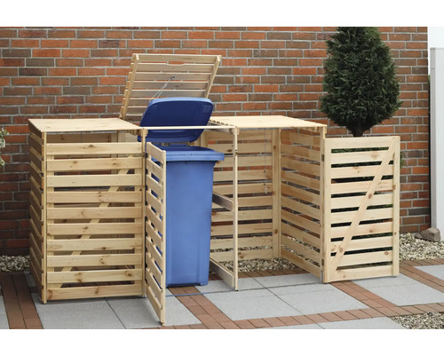 Mülltonnenbox aus Holz für drei Mülltonnen im Aussenbereich.