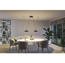 Salle à manger avec table, chaises et suspension