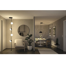 Salon avec lampadaire, fauteuil, miroir et table à manger