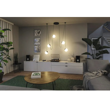 Salon avec suspension, commode, tourne-disque et plantes d''intérieur pour une ambiance chaleureuse.