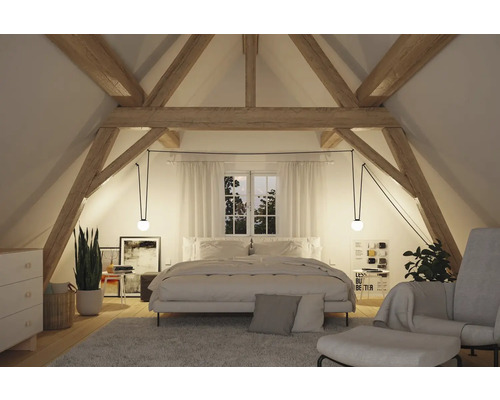 Chambre mansardée avec poutres en bois et design minimaliste.
