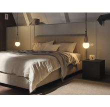 Chambre avec lit double, table de chevet et suspensions