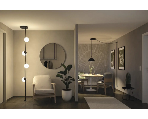 Aménagement intérieur clair et accueillant avec lampadaire, miroir, plante d''intérieur et table à manger