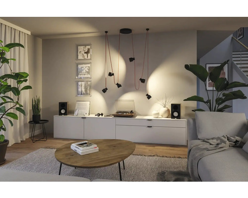 Salon avec suspension, platine vinyle et plantes d''intérieur pour une atmosphère chaleureuse.