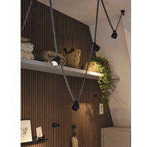 Photo d''intérieur d''une pièce avec des panneaux en bois, une étagère et un plafonnier flexible avec plusieurs spots.