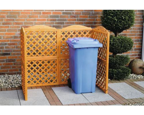 Cache-poubelle en bois avec une poubelle bleue