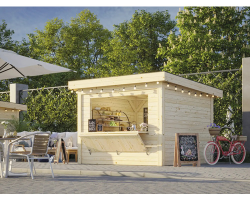 Stand de vente en bois avec décorations extérieures