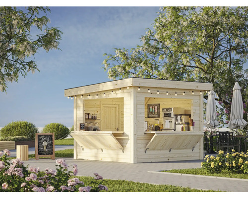 Kiosque en bois avec fenêtre de distribution et décoration extérieure dans le jardin