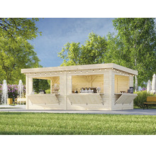 Kiosque de jardin en bois avec guichet de vente dans un environnement de type parc