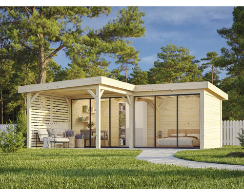 Pavillon de jardin moderne avec terrasse, chambre et salon dans un écrin de verdure