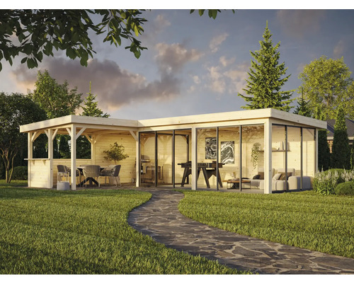 Pavillon de jardin lumineux avec terrasse, mobilier et façades en verre sur pelouse