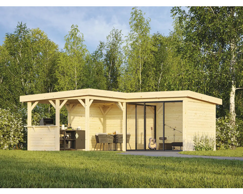 Abri de jardin en bois avec espace barbecue, coin salon et salle de musique