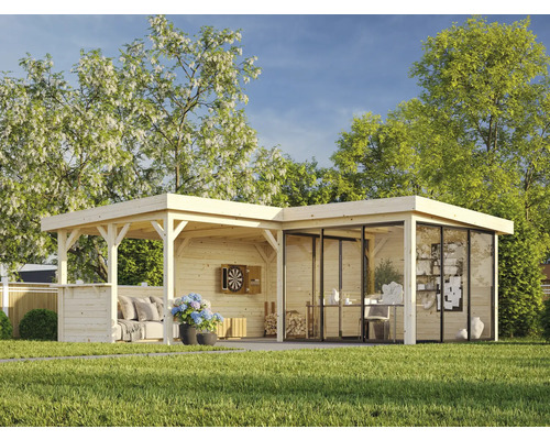 Maison de jardin en bois avec façade en verre et terrasse couverte dans le jardin