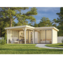 Maison de jardin en bois avec terrasse, fenêtres et mobilier de jardin