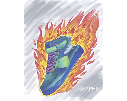 Illustration eines Turnschuhs umgeben von Flammen.