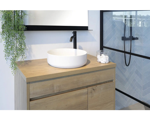 Salle de bains avec meuble sous-vasque, vasque à poser et robinetterie