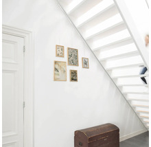 Flur mit weißer Treppe, Holztruhe und hängenden gerahmten Bildern mit Pflanzenmotiven