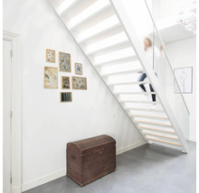 Weißes Treppenhaus mit Holztreppe, Truhe und Bilderrahmen