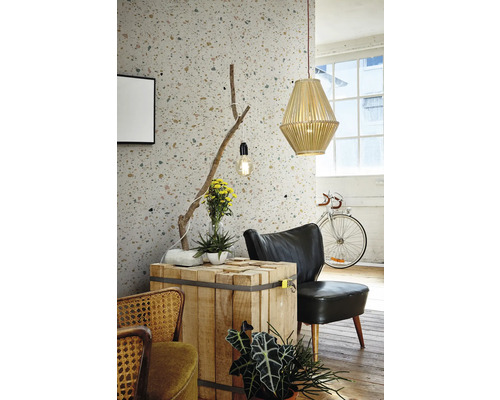 Décoration intérieure avec meubles en bois, suspension et plantes d''intérieur dans une pièce lumineuse.