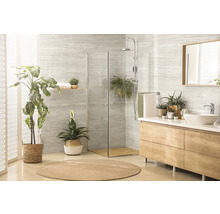 Helles Badezimmer mit Dusche, Waschtisch, Spiegel und Pflanzen