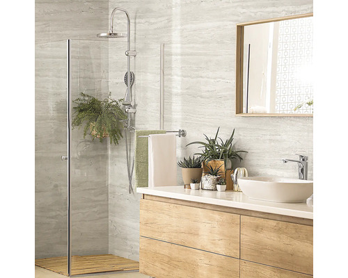 Salle de bain moderne avec douche, lavabo et miroir