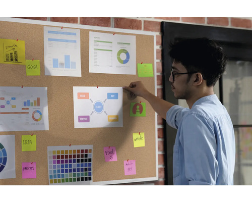 Un tableau d''affichage avec des diagrammes, des notes et un homme qui y travaille, pour illustrer le brainstorming et la planification au bureau.