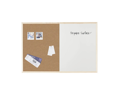 Combinaison de panneau de liège et de tableau blanc à surface effaçable à sec dans un cadre en bois