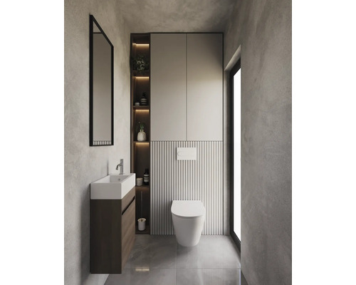 Salle de bain moderne avec WC, lavabo et miroir