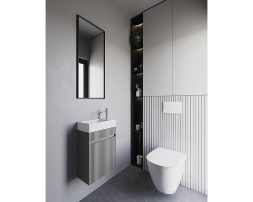 Salle de bains avec meuble sous-lavabo, armoire de toilette, étagère suspendue et WC suspendu